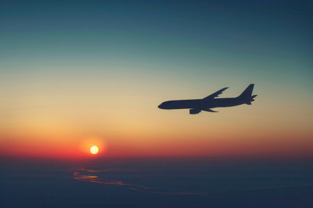 A sleek silhouette of an airplane flying in the sky during sunset, with a bright sun in the distance.の素材