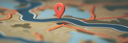 A sleek and minimal image of a red location pin placed on a detailed map, perfect for navigation apps and travel services.の素材