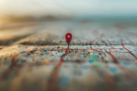A close-up shot of a red location pin placed on a detailed city map, with a blurred background.の素材