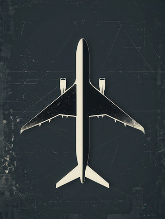 A minimalistic silhouette of an airplane in flight, against a dark background. Perfect for airlines and travel agencies.の素材