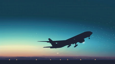 A sleek silhouette of an airplane taking off against a twilight sky, perfect for airlines and travel agencies.の素材