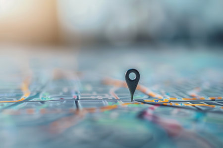 A sleek and minimalist image featuring a black location pin on a modern city map, perfect for navigation apps and travel services.の素材