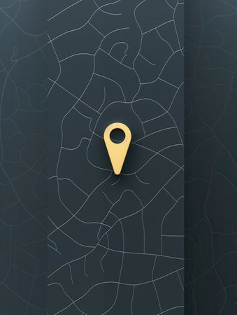 A minimalist and sleek image of a gold location pin on a black map background, perfect for navigation apps and travel services.の素材