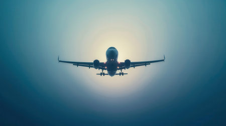 A minimalist silhouette of an airplane in flight against a clear blue sky. The image is sleek and modern, perfect for airlines or flight booking agencies.の素材