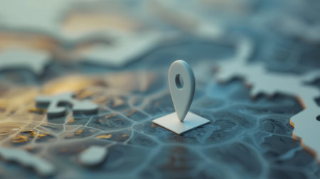 A minimalist, sleek image of a white location pin on a detailed map, perfect for navigation apps and travel services.の素材
