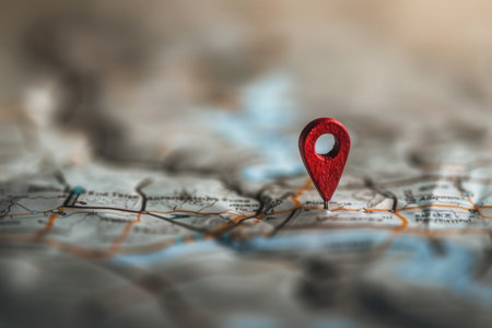 A red location pin is placed on a detailed paper map, with a blurred background, creating a minimal and sleek look ideal for navigation apps and travel services.の素材