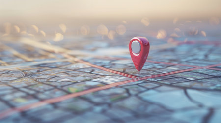A close-up shot of a red location pin on a modern, detailed map. The image is sleek and minimalist, ideal for navigation apps and travel services.の素材