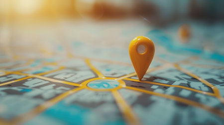 A close-up of a yellow location pin placed on a city map, signifying a destination or point of interest. The image features a minimalist and sleek design.の素材