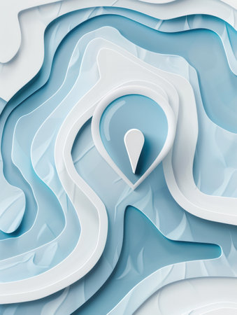 A clean and minimalistic illustration of a location pin set against an abstract blue and white map background. Perfect for navigation apps and travel services.の素材