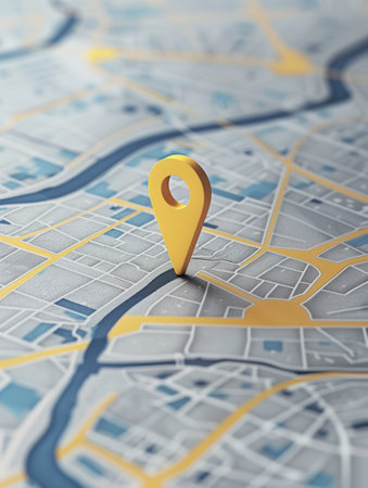 A clean and minimalist image of a golden location pin on a detailed city map. This image is perfect for websites and apps related to navigation, travel, and location services.の素材