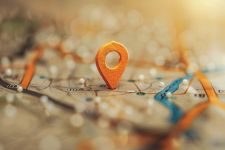 A close-up image of an orange location pin placed on a paper map. The map features detailed roads, rivers, and other geographical features.の素材