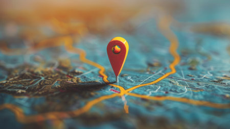 A close-up shot of a red location pin on a detailed map with yellow roads. The background is blurred, creating a minimalistic and sleek aesthetic.の素材