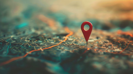 A close-up shot of a red location pin on a map background, showing a modern and clean design aesthetic. Ideal for navigation apps and travel services.の素材