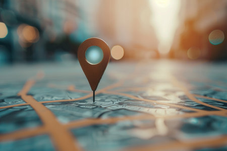 A minimalistic and sleek image of a location pin on a city map background, perfect for navigation apps and travel services.の素材