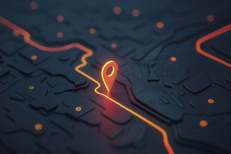 A sleek, minimalistic image featuring a glowing location pin on a black map with orange lines. Perfect for navigation apps and travel services.の素材