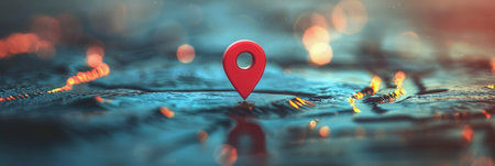 A minimalistic and sleek image featuring a red location pin on a modern, teal and orange map background, ideal for navigation apps and travel services.の素材