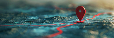 A close-up shot of a red location pin on a detailed 3D map with a red path leading to it. The image features a minimalist and clean background.の素材