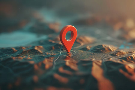 A close-up of a red location pin on a detailed 3D map, with a soft-focus background.の素材