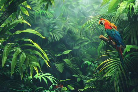 A colorful macaw perches on a branch amidst the vibrant green foliage of a tropical rainforest.の素材