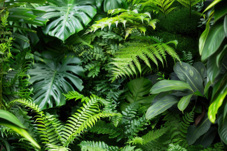 A close-up shot showing the vibrant green foliage of a dense tropical rainforest, perfect for nature enthusiasts and eco-tourists.の素材