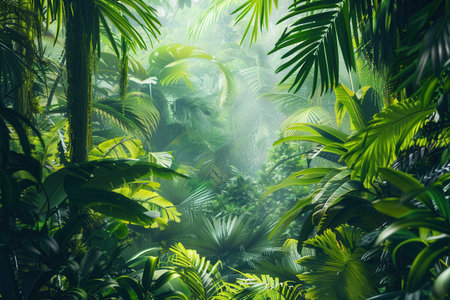 A dense, vibrant rainforest scene with sunlight filtering through the canopy of leaves.の素材