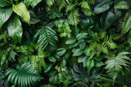 Close-up of a vibrant green rainforest wall, showing a variety of plant species.の素材