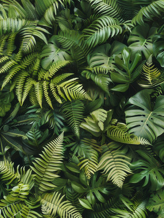 A close-up shot of vibrant green foliage in a tropical rainforest, showing the diverse textures and patterns of various plant species.の素材