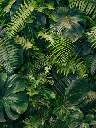 A close-up view of vibrant green leaves from a dense tropical rainforest. The image showcases the diverse textures and patterns of various plant species.の素材