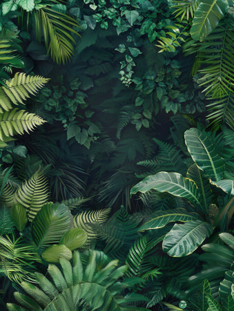 A vibrant green tropical rainforest canopy, showing the diverse foliage and textures of this lush ecosystem.の素材