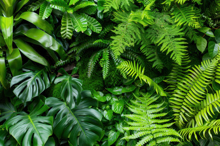 Vibrant green foliage of ferns and monstera plants creates a lush backdrop for an eco-tour or nature reserve.の素材