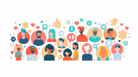 A vibrant illustration showing a diverse group of people in a social media community, emphasizing inclusivity and connection.の素材