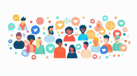Illustration depicting a diverse group of people interacting on social media platforms, symbolizing inclusive community management.の素材