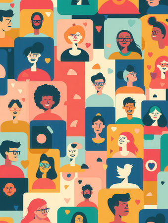 A vibrant illustration showing diverse individuals connecting through social media platforms, representing the power of community engagement.の素材