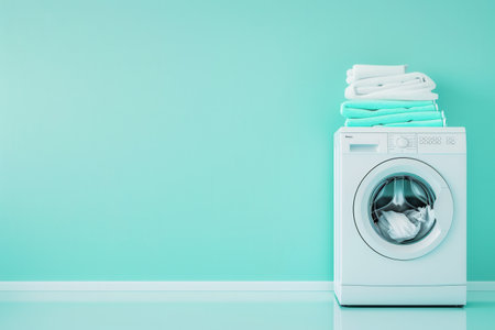 Clean white washing machine against turquoise wall, open with clean laundry inside. Neat stack of light blue towels on top.の素材