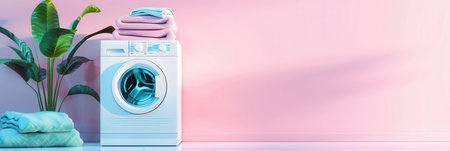A white washing machine with a clear glass door sits in a pink room. A stack of folded laundry rests on top of the machine, and a potted plant sits to the left of the machine.の素材
