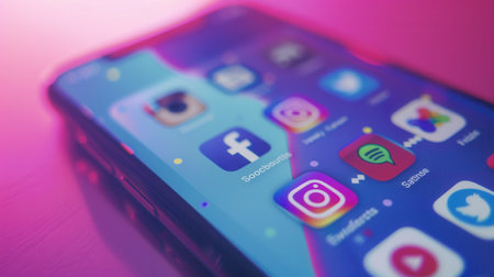 A close-up image of a smartphone screen displaying various social media applications, including Facebook, Instagram, and Twitter, with a news feed visible in the background.の素材