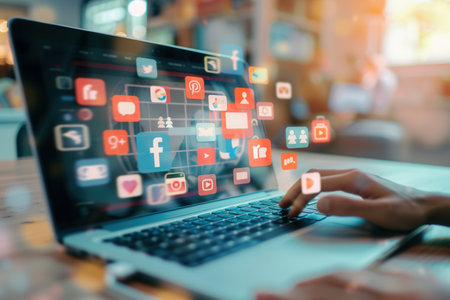 A person is working on a laptop with social media icons displayed on the screen. The image represents productivity and digital engagement.の素材