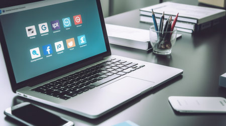 A productive scene with a laptop showing open social media tabs on a desk, perfect for social media management companies or freelancers to showcase their skills.の素材
