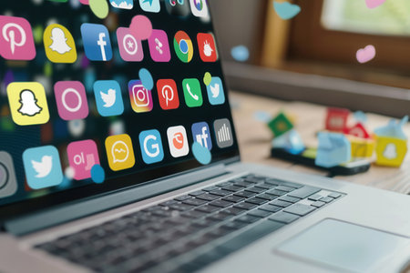An open laptop with vibrant social media icons on the screen illustrates digital engagement, social media management, and online marketing concepts perfectly.の素材