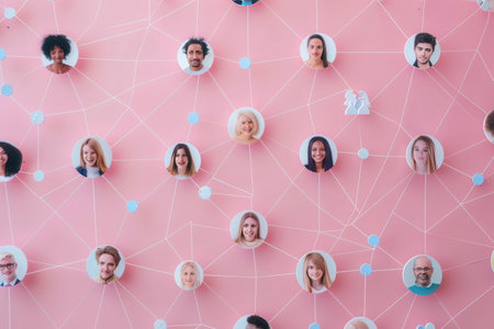 A pink wall featuring a network of interconnected circles with diverse faces, representing a vibrant and inclusive online community.の素材
