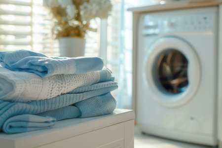 A stack of freshly washed and folded laundry sits on a white countertop next to a washing machine in a home laundry room.の素材