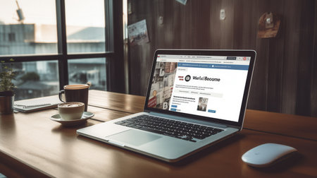 A laptop with open social media tabs in a modern workspace hints at productivity and digital engagement, ideal for freelancers or social media firms.の素材