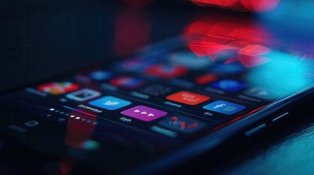 A close-up shot of a smartphone screen showing a social media news feed, with blurred background lights and various app icons.の素材