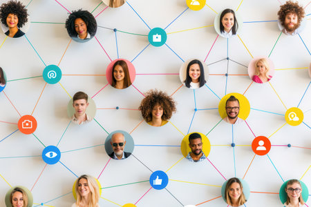A vibrant illustration of a connected community, showing a diverse group of people in a social media network.の素材