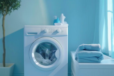 A white washing machine in a blue room with a pile of clean, folded laundry on a white surface beside it.の素材