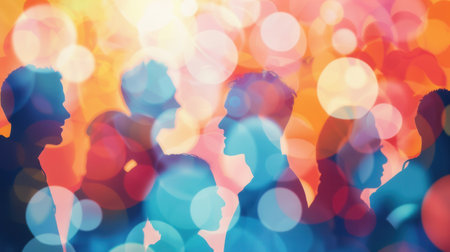 Colorful silhouettes of people interacting in an online community, symbolizing inclusivity and connection.の素材