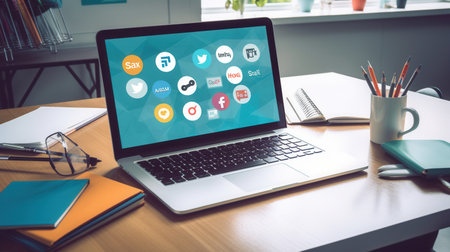 A modern workspace with a laptop open to a screen displaying various social media logos, highlighting the importance of digital engagement in todays business world.の素材