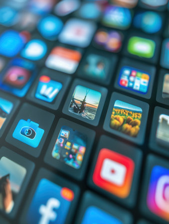 A close-up view of a smartphone screen showing a grid of social media app icons. The image highlights the digital landscape and the prevalence of social media in modern life.の素材