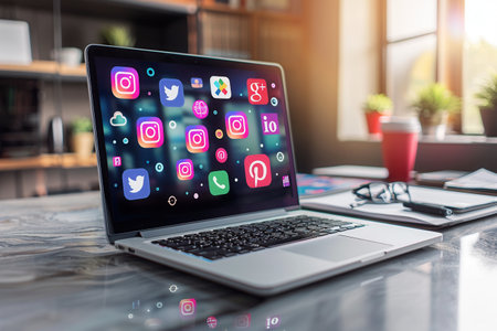 A modern workspace with an open laptop showcasing various social media icons, suggesting a focus on digital engagement and online marketing.の素材