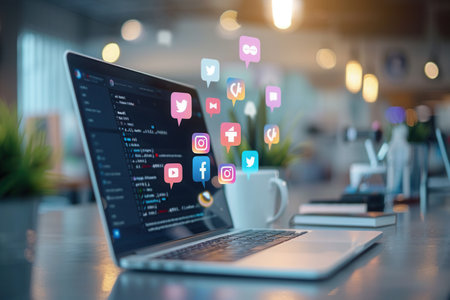 A laptop with floating social media icons on a desk in a modern office signifies productivity and digital engagement, ideal for social media companies and freelancers.の素材